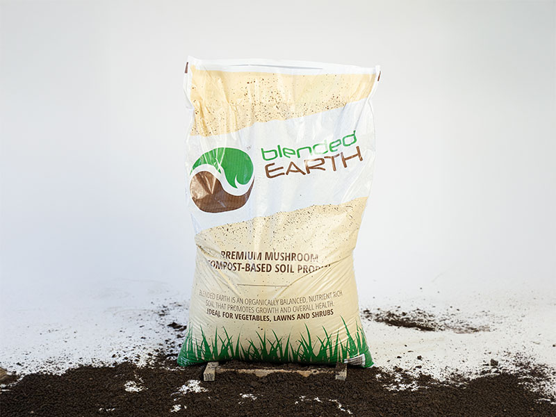 A bag of Blended Earth mushroom compost sits upright on soil against a plain white background.